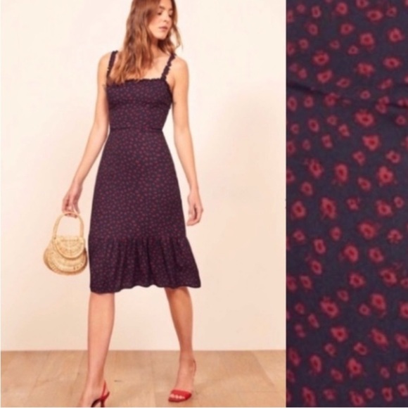 REFORMATION Virgil Dress Navy/Red Floral Print Ruffle Strap GRANADA Crepe Midi - Picture 16 of 16